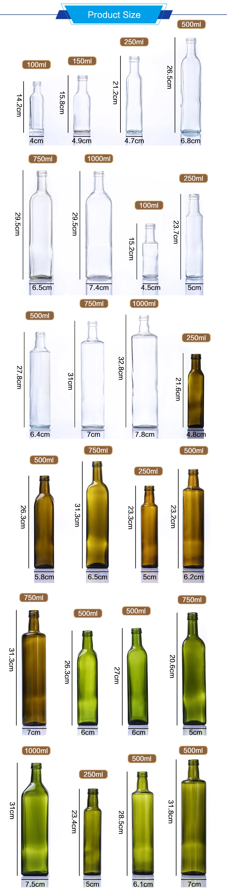 High Quality 750ml 1000ml Kitchen Square Vinegar Glass Olive Oil Bottles