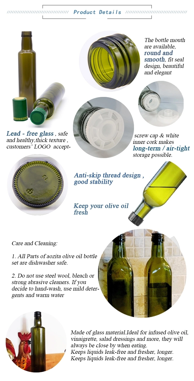 Epmty Clear Amber Dark Green 250ml 500ml 750ml Square Glass Cooking Olive Oil Bottle Vinegar Sauce Bottle for Oiler Cruet